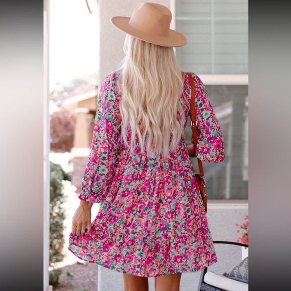 Fuchsia Smocked Puffy Sleeve Floral Drop Waist Dress - Picture 2 of 10